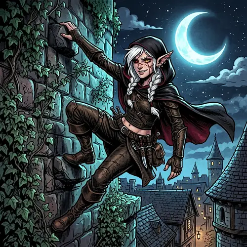 Half-Moon Elf Girl Climbing Building Illustration - Spider-like Agility