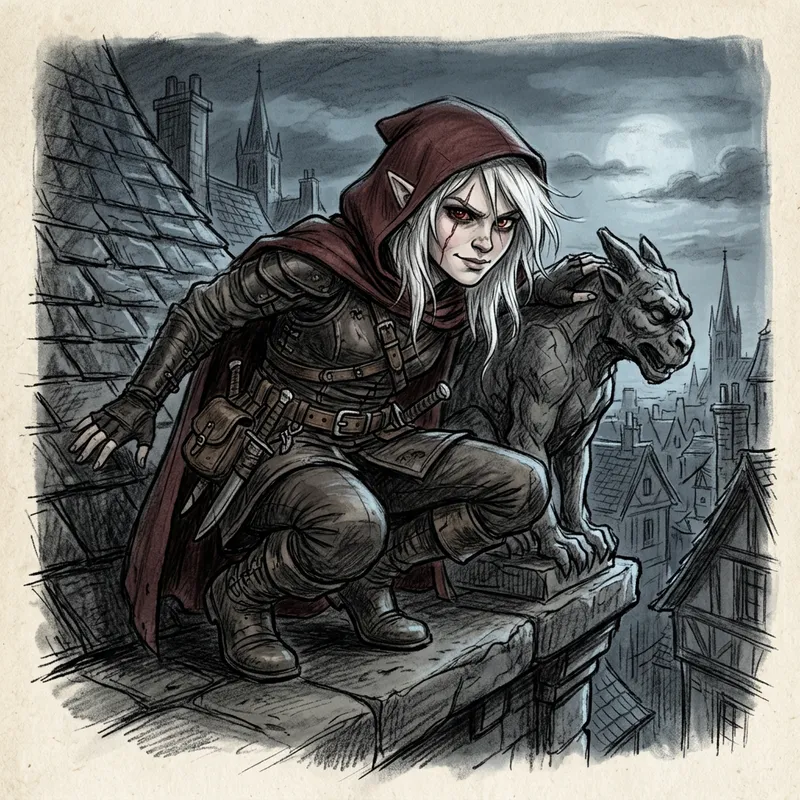 Sketch of Half-Elf Girl on Moonlit Rooftop | Artistic Illustration