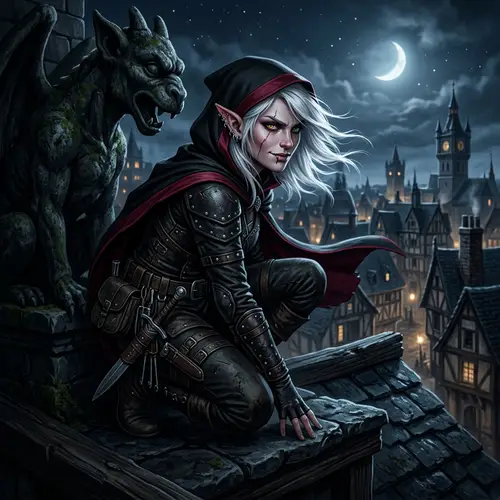 Half-Elf Rogue Perched on Moonlit Rooftop | RPG Character Art