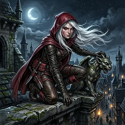 Half-Elf Girl Concept Art | Moonlit Northern City Rooftop Scene