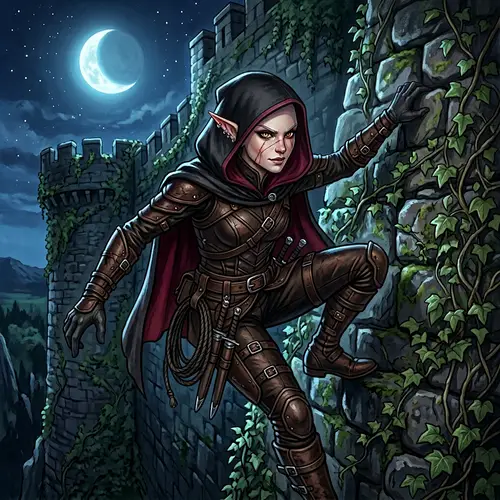 Half-Moon Elf Girl - Art Illustration Adept at Scaling Ivy-Covered Walls