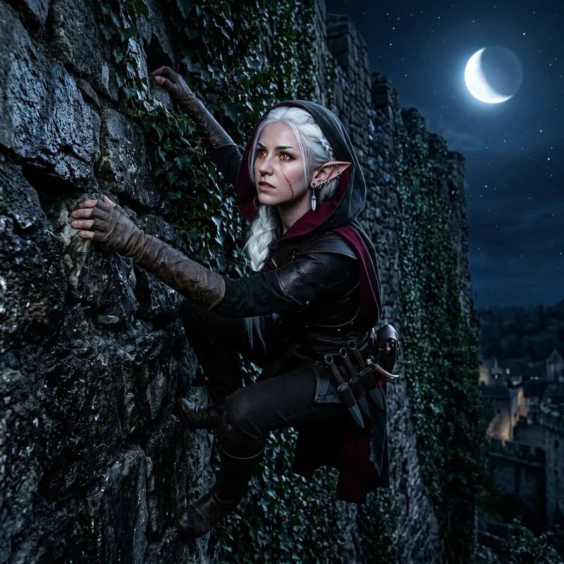 Moon Elf Girl Scaling Wall | Ethereal Climbing Illustration