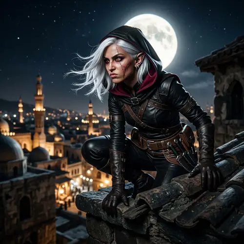 Middle-Eastern Woman on Rooftop with Stark-White Hair and Mismatched Eyes