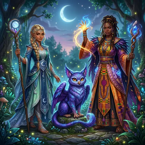 Unique Trio of Characters: Half-Elf Moon Druid, Magic-Wielding Women, Mystical Creature