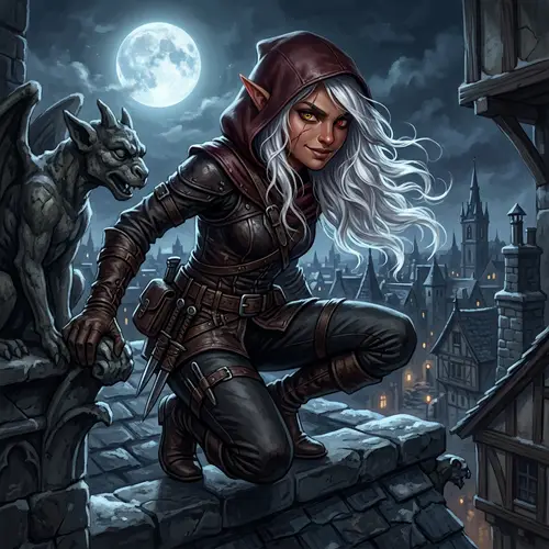 Mysterious Half-Elf Girl: Moonlit Rooftop Fantasy Art