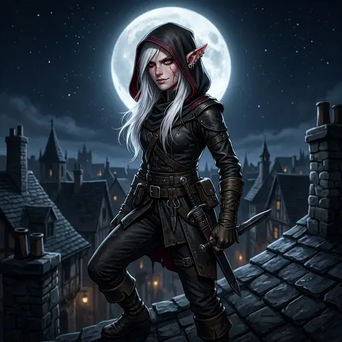 North-descended Half-Elf Rogue on Rooftop | Enigmatic & Fierce