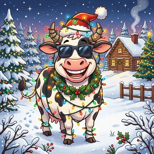 Happy Cartoon Cow in Christmas Lights