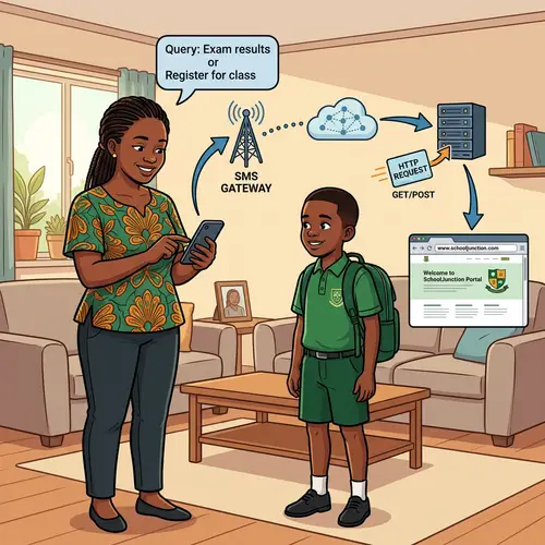 Home Environment Learning: African Woman and Student at School Junction