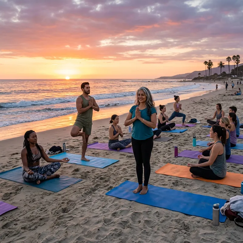 Diverse Group Yoga Meditation at Beach Sunset