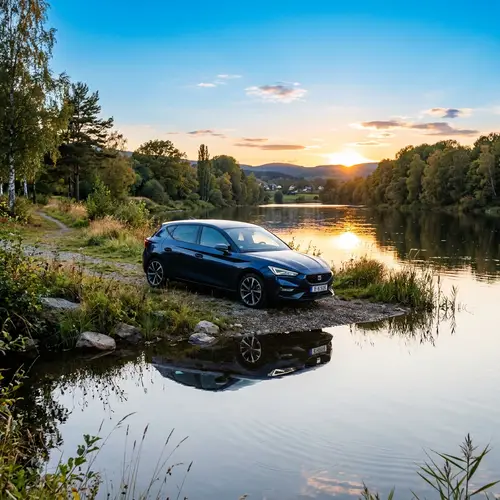 Dark Blue Seat Leon on Tranquil Riverside - HD Image