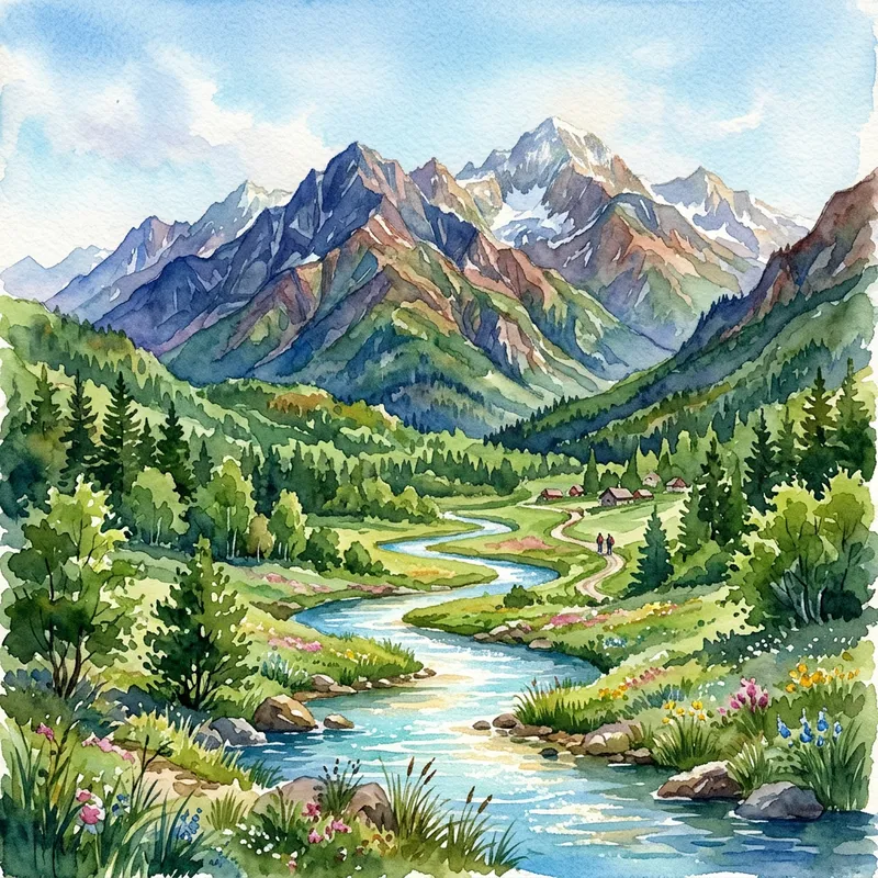 Serene Watercolor Mountains Landscape - Nature Art