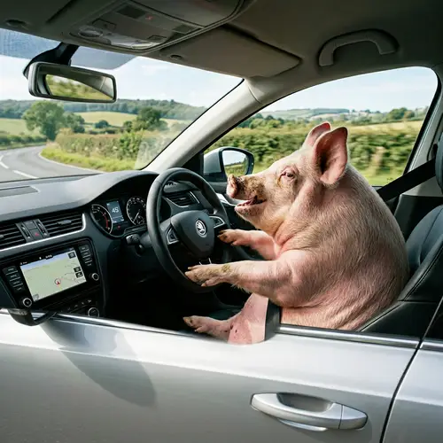 Humorous Image of Pink Pig Driving Silver Skoda Octavia
