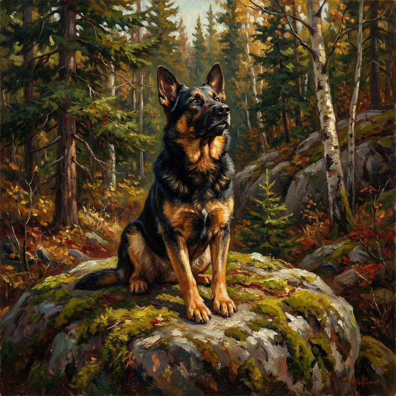 Classic Oil Painting of Dog in Canadian Forest