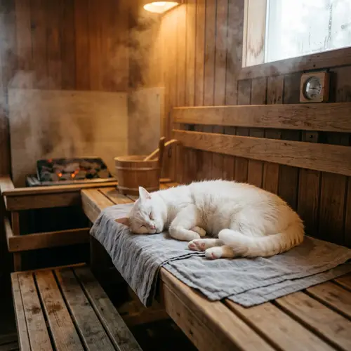 White Cat Relaxing in Sauna