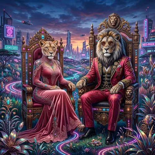 Majestic Male and Female Lions in Cyberpunk-inspired Setting