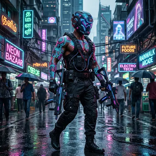 Cyberpunk South Asian Man with Glowing Neon Tattoos and LED Helmet