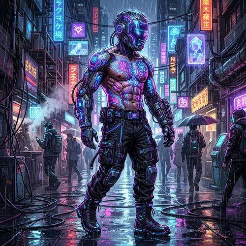 Futuristic Cyberpunk Artwork: Neon Tattoos & Techwear Helmet