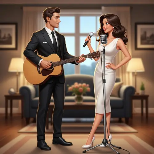 Animated Couple: Black Suit & White Dress Elegance