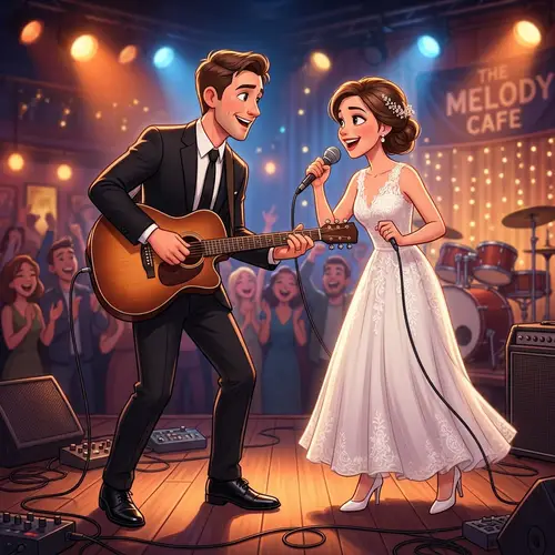 Animated Couple: Black Suit & White Dress Elegance