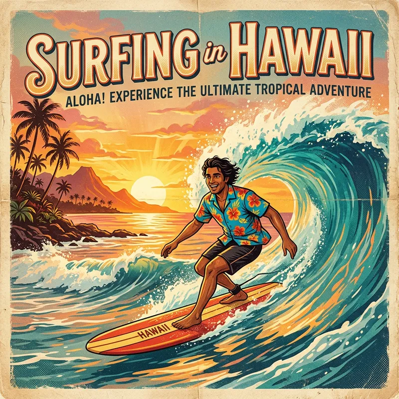 Vintage Surfing in Hawaii Poster - Tropical Sunset Art Vintage Surfing in Hawaii Poster - Tropical Sunset Art