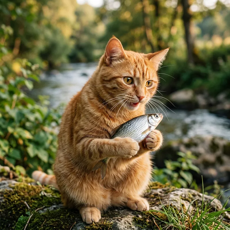 Happy Ginger Cat Holding Fish Happy Ginger Cat Holding Fish