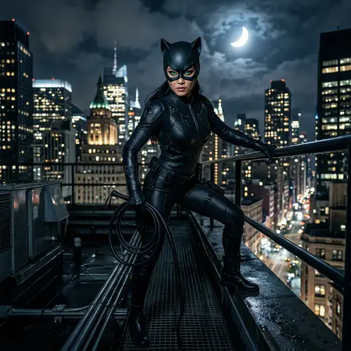 Mysterious Catwoman in Moonlit Urban Landscape