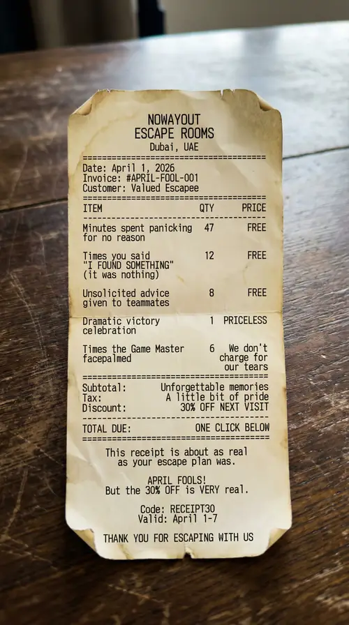 Authentic Thermal Receipt from NOWAYOUT Escape Rooms