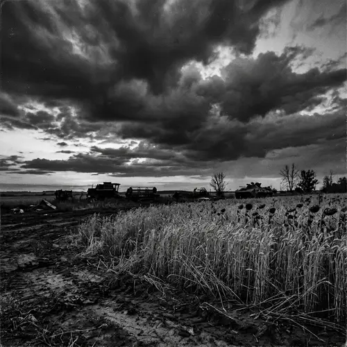 Monochrome Battlefield at Dusk | Ukrainian War Theme Album Cover