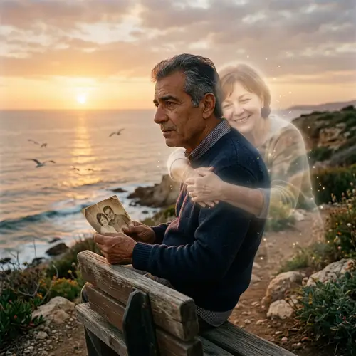 Middle Eastern Man by the Sea Contemplating Sunset with Memories