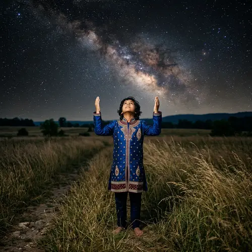 Serene South Asian Boy Communicating with God Under Starlit Sky