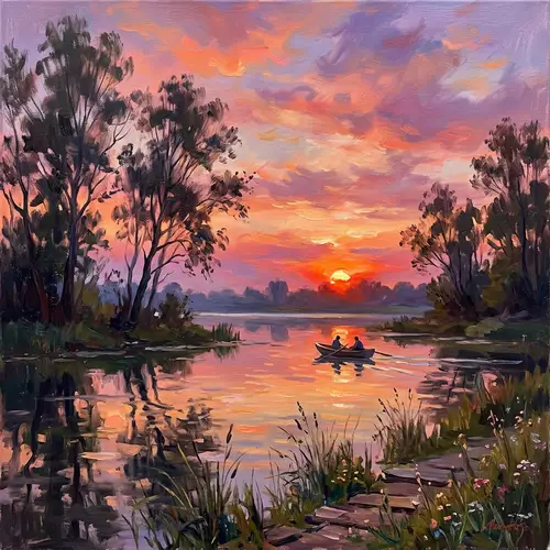 Peaceful Sunset Impressionism Scene - Shades of Orange, Pink, Purple