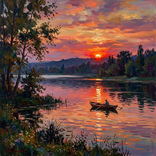 Tranquil Sunset Over Lake | Impressionist Artwork