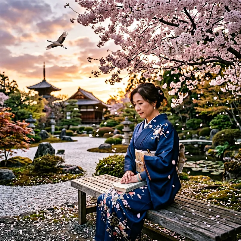 Tranquil East Asian Woman Reading Under Cherry Blossom Tree - Freedom and Serenity
