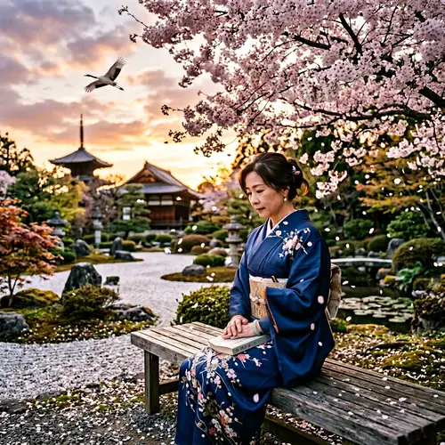 Tranquil East Asian Woman Reading Under Cherry Blossom Tree
