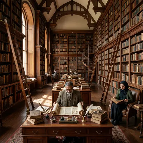 Realistic Library Scene with Mahogany Shelves and Ancient Scrolls