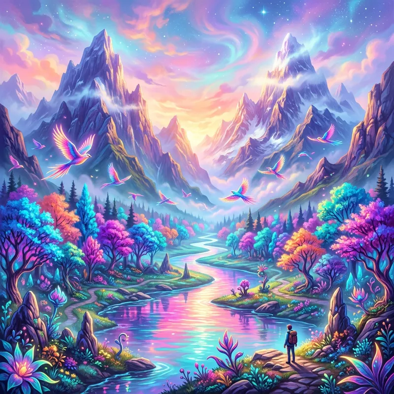 Surreal Mountain Landscape with Neon Hues and Colossal Guardians Surreal Mountain Landscape with Neon Hues and Colossal Guardians