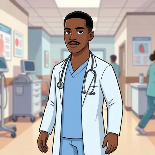 Young Black Male Doctor Cartoon with Mustache