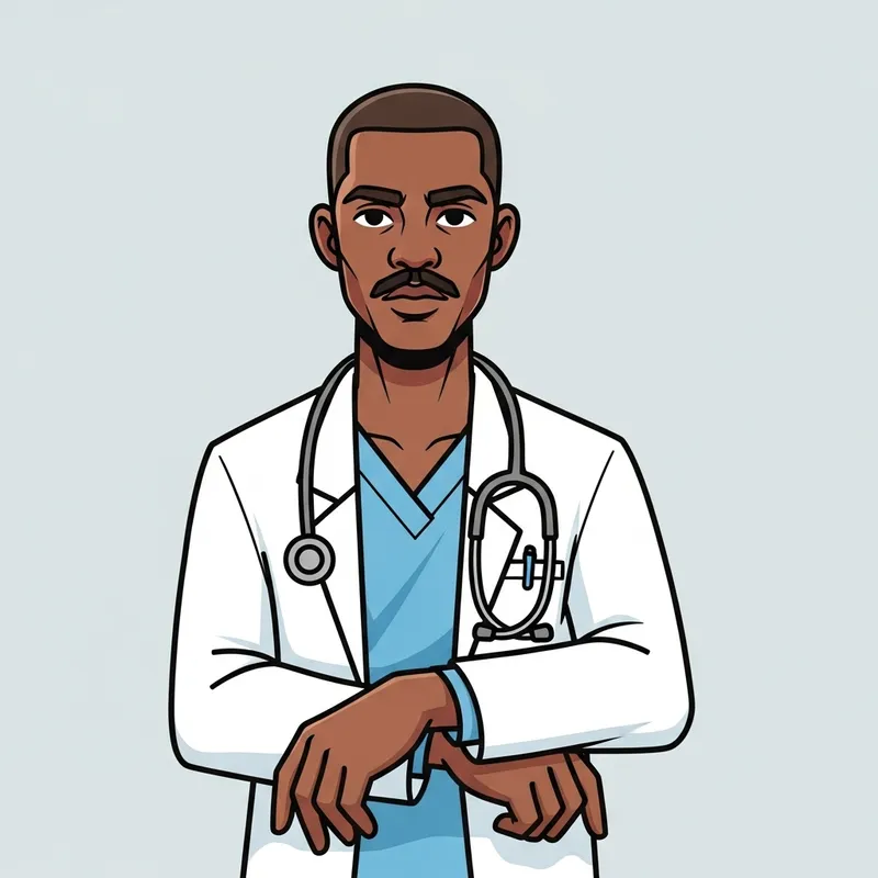 Young Black Male Doctor Cartoon with Mustache