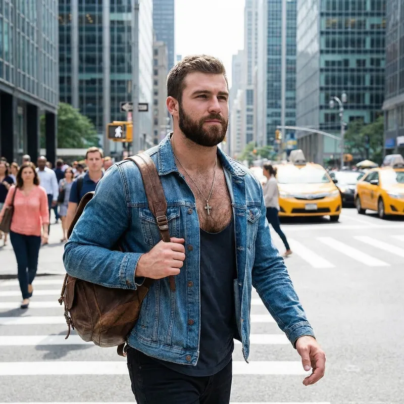 Muscular 24-Year-Old Man with Beard, Hairy Chest, Cross Necklace, Walking in City Muscular 24-Year-Old Man with Beard, Hairy Chest, Cross Necklace, Walking in City