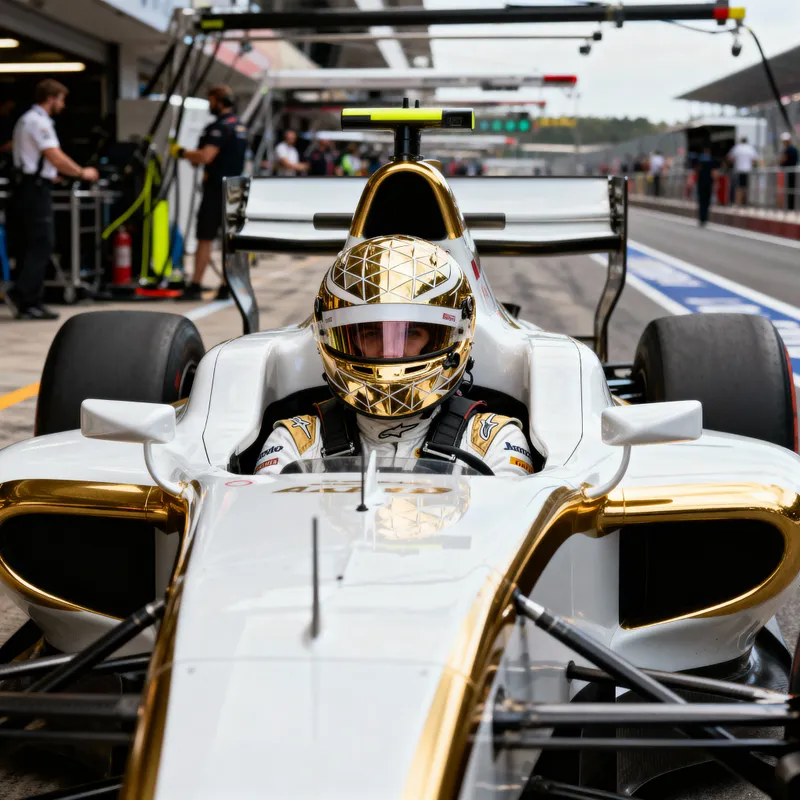 F1 Driver in Gold Helmet and Car