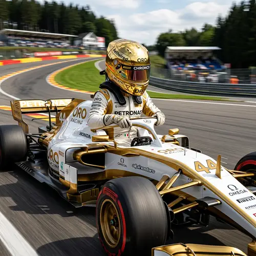 F1 Driver in Gold Helmet and Car