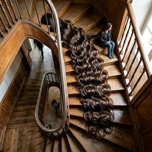Glossy Long Hair on Stairs | Top View Beauty Unveiled