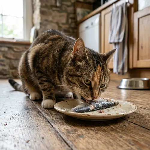 Realistic Cat Enjoying a Fish Meal