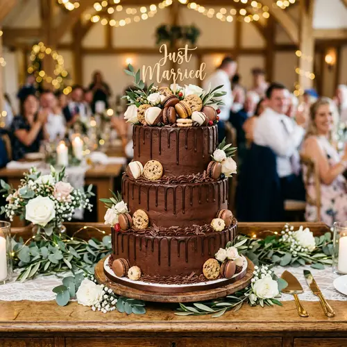 Chocolate Wedding Cake with Macarons and Cookies