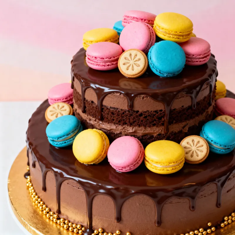 Chocolate Wedding Cake with Macarons and Cookies