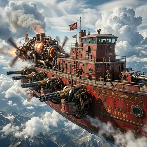 Flying Steampunk Ship with Side Guns and Powerful Engine