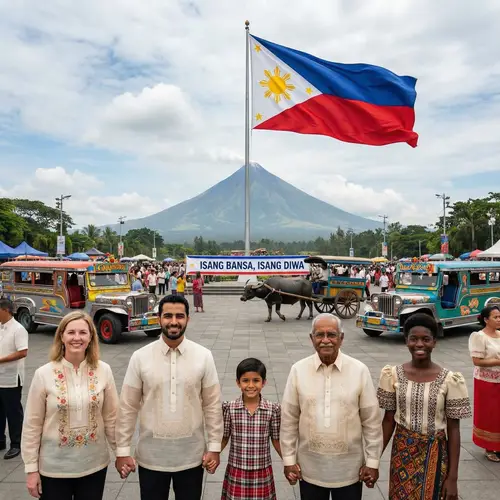 Philippine Cultural Unity: Nationalism Image with Flag, Jeepney, Carabao & Mayon Volcano