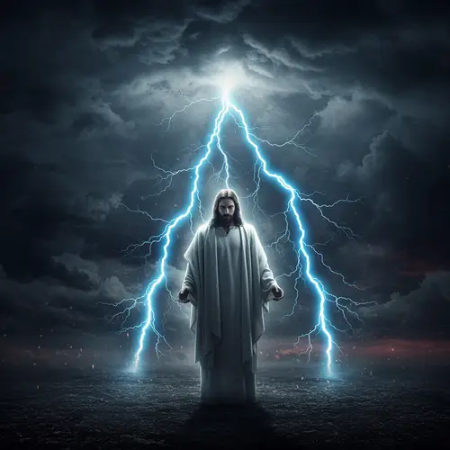 Jesus Christ Amidst Dark Clouds and Blue Lightning