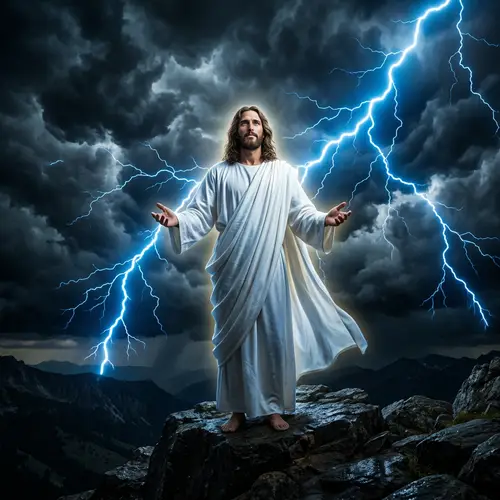 Jesus Christ Amidst Dark Clouds and Blue Lightning