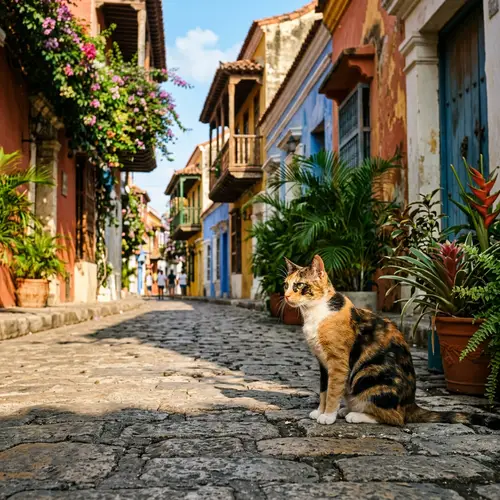 Calico Cat in Cartagena - Colonial Architecture Scene